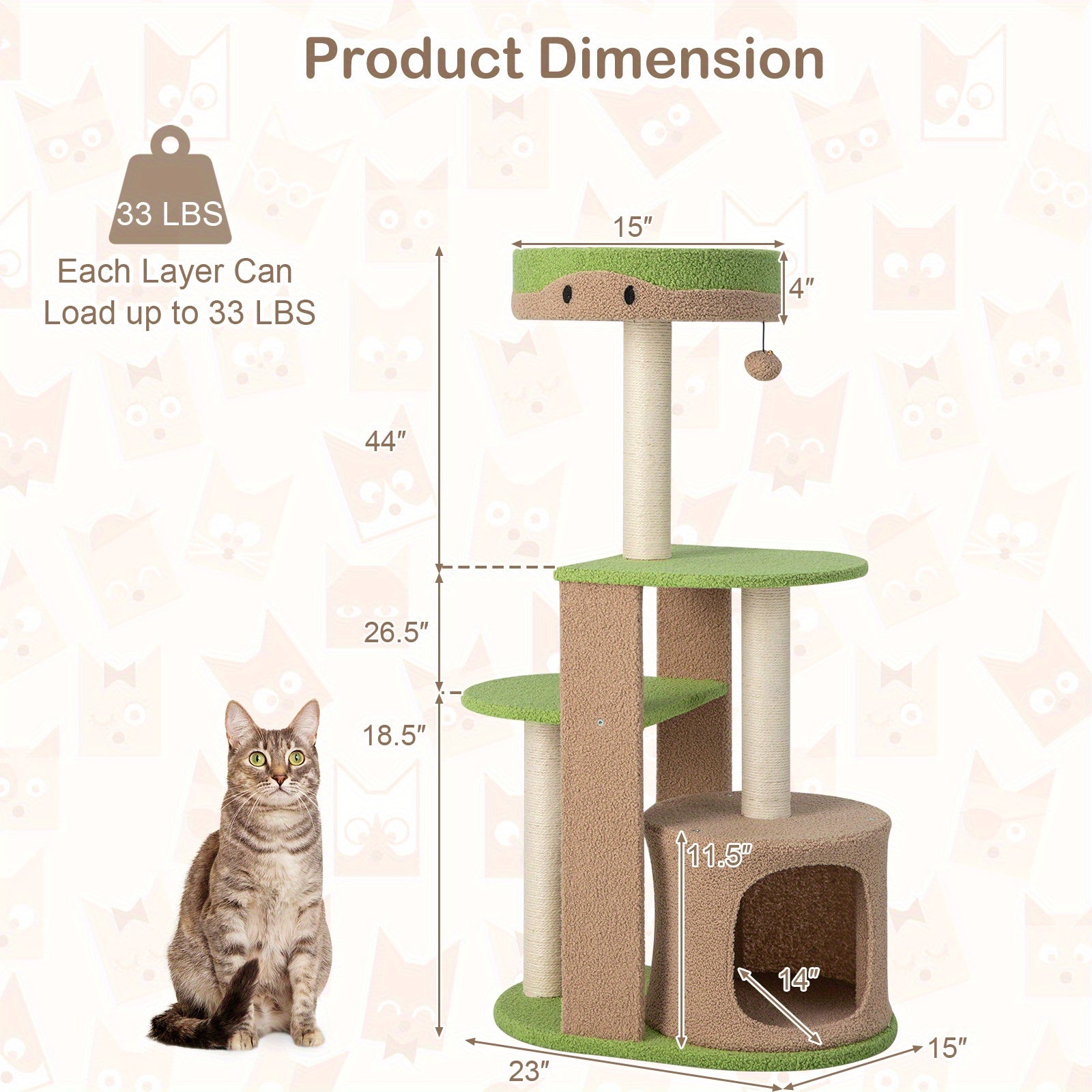 Kratzbaum 5-stöckig, Katzenbaum mit Sitzfläche & Ball & Katzenhöhle & Sisalstämme